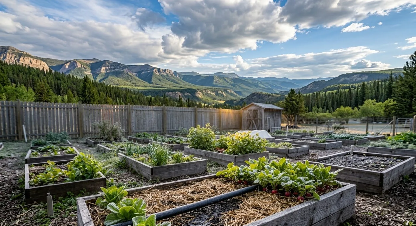 Backyard vegetable garden with raised beds and Rocky Mountain foothills in Alberta (AI-generated illustration)