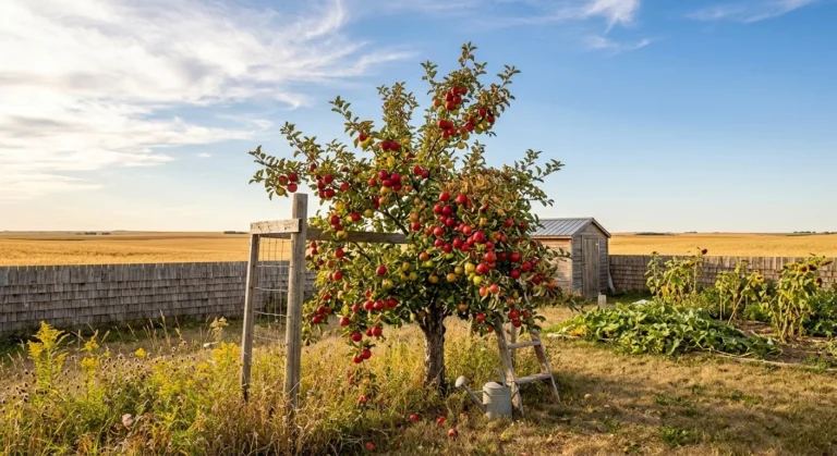 Backyard apple tree full of red apples on the Canadian prairies (AI-generated illustration)