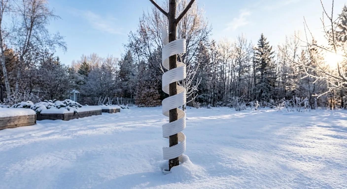 Young apple tree trunk with a white spiral guard in a snowy yard (AI-generated illustration)