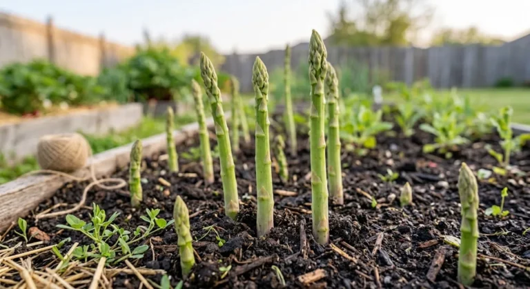 Green asparagus spears emerging from soil in a spring bed (AI-generated illustration)