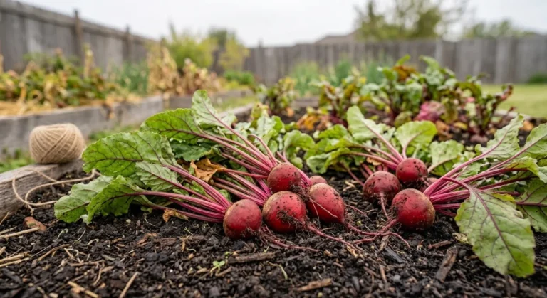 Freshly pulled red beets with leaves on dark garden soil (AI-generated illustration)