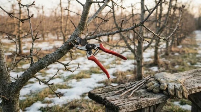 Red-handled bypass pruners on an apple tree branch beside garden gloves on a wooden bench in late winter (AI-generated illustration)