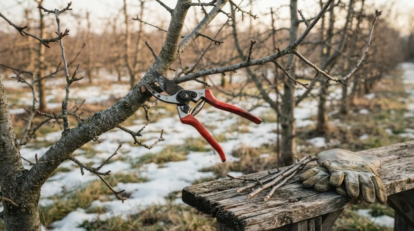 Red-handled bypass pruners on an apple tree branch beside garden gloves on a wooden bench in late winter (AI-generated illustration)