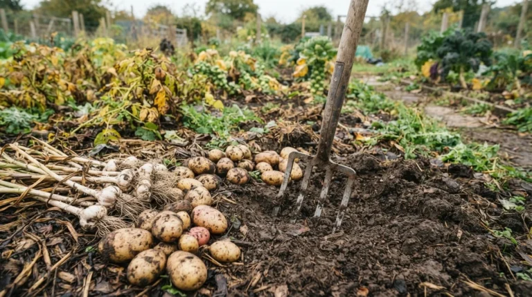 Steel digging fork in dark soil beside freshly lifted potatoes and garlic bulbs in an autumn garden (AI-generated illustration)