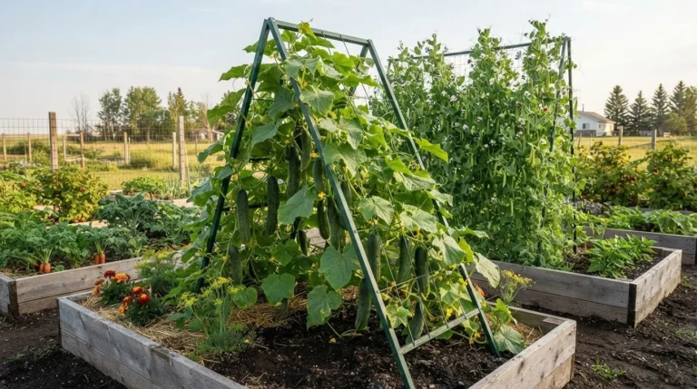 Cucumber vines climbing a green metal A-frame trellis in a raised bed, with peas on netting behind (AI-generated illustration)
