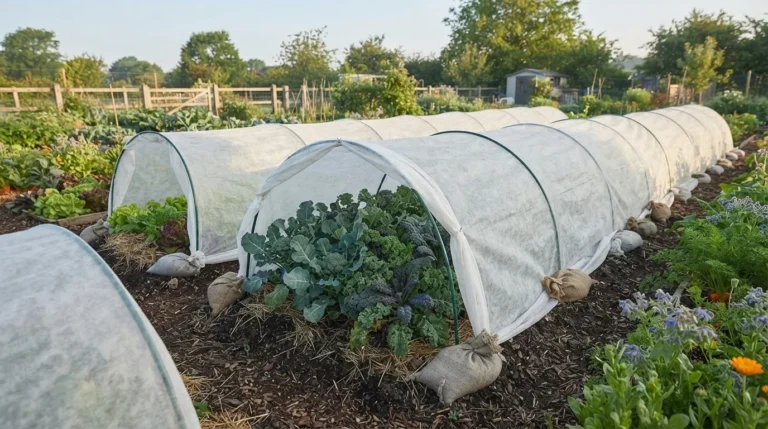 White row cover fabric over hoops on garden beds of broccoli and kale, held down with sandbags (AI-generated illustration)