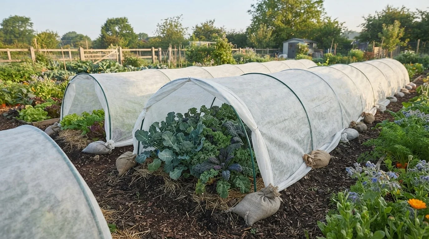 White row cover fabric over hoops on garden beds of broccoli and kale, held down with sandbags (AI-generated illustration)
