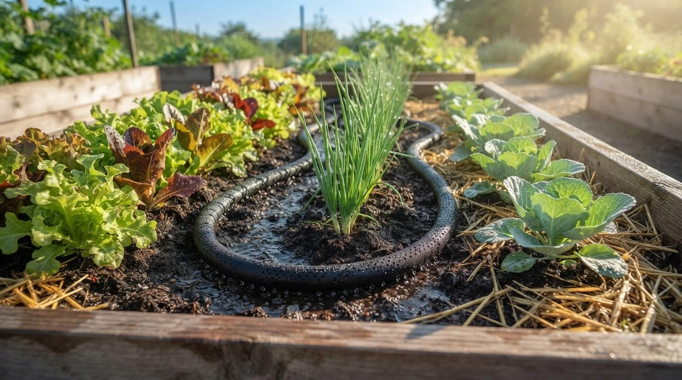 Black soaker hose running between lettuce, onions and cabbages in a straw-mulched raised bed (AI-generated illustration)