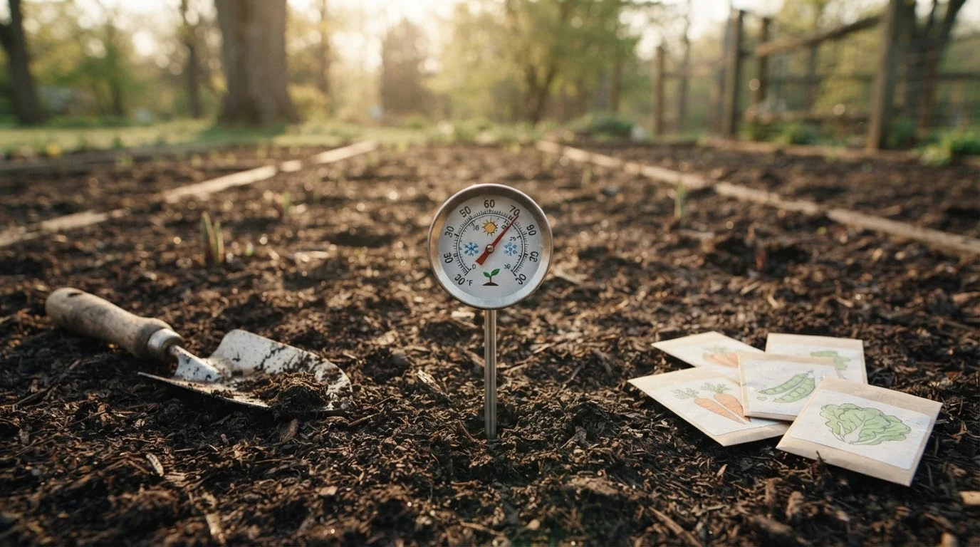 Dial soil thermometer in a prepared vegetable bed beside a trowel and seed packets (AI-generated illustration)