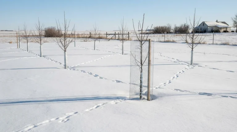 Young fruit trees in a snowy yard protected by tree guards, with rabbit tracks in the snow (AI-generated illustration)