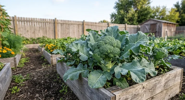 Firm green broccoli head ready to harvest in a vegetable garden (AI-generated illustration)