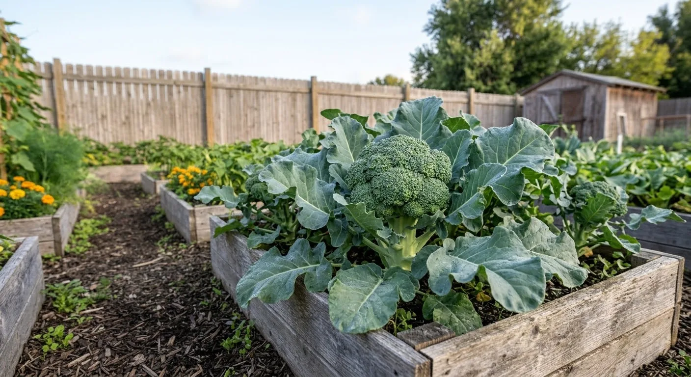Firm green broccoli head ready to harvest in a vegetable garden (AI-generated illustration)