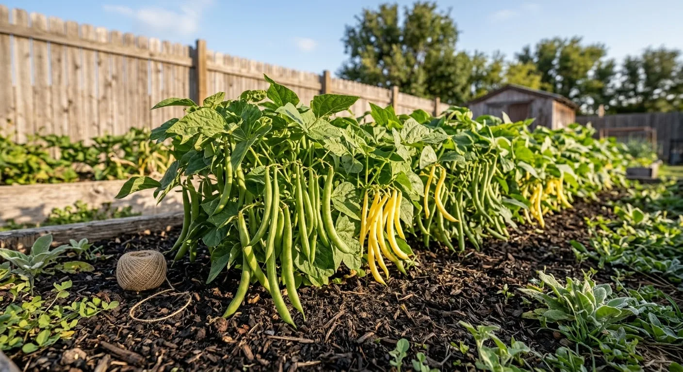 Bush bean plants with green and yellow beans in a garden row (AI-generated illustration)