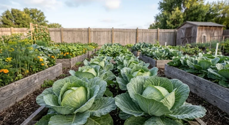 Rows of green cabbages with morning dew in a vegetable garden (AI-generated illustration)