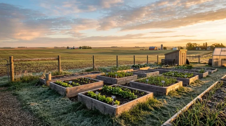 Raised vegetable beds in a prairie backyard garden at golden hour with light frost on the grass (AI-generated illustration)
