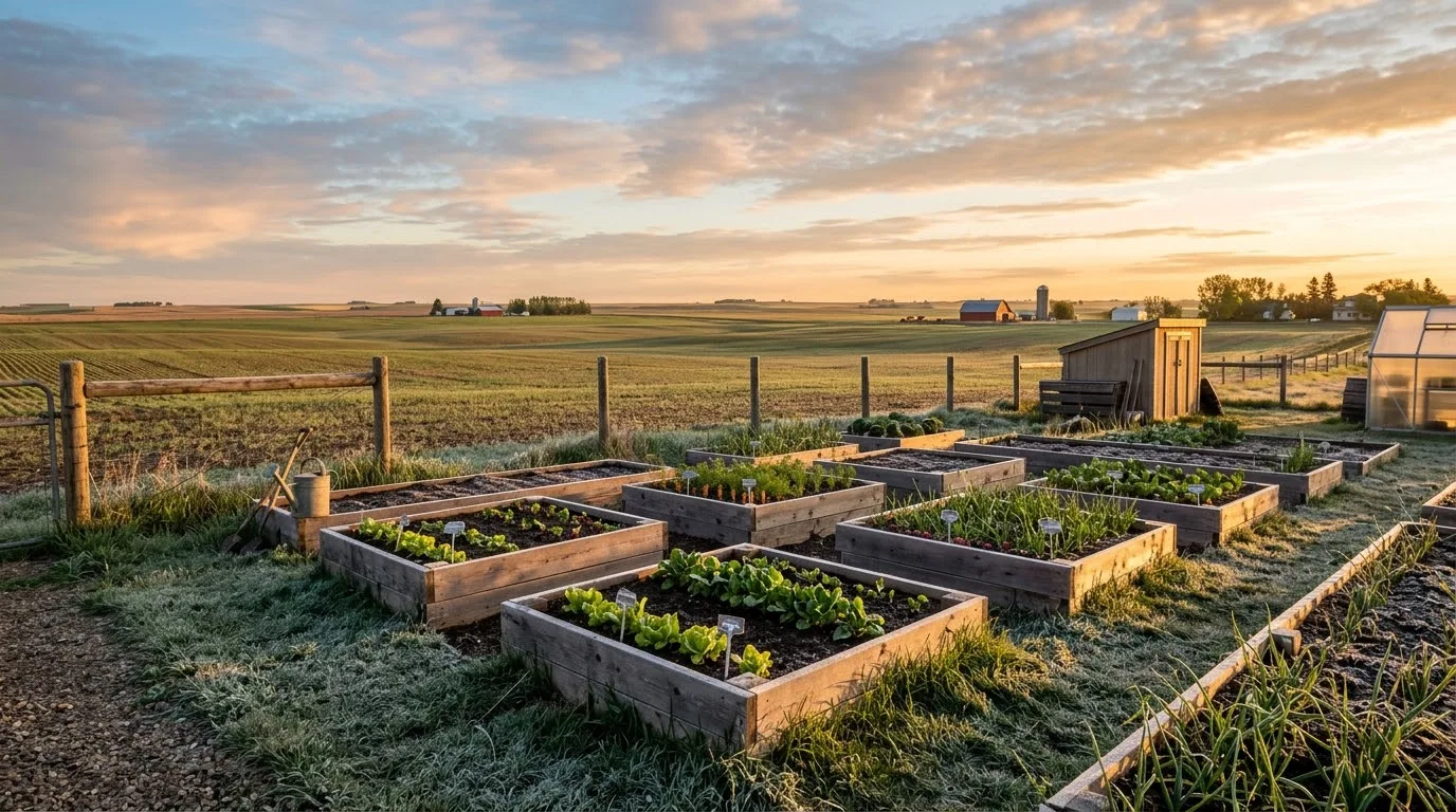 Raised vegetable beds in a prairie backyard garden at golden hour with light frost on the grass (AI-generated illustration)