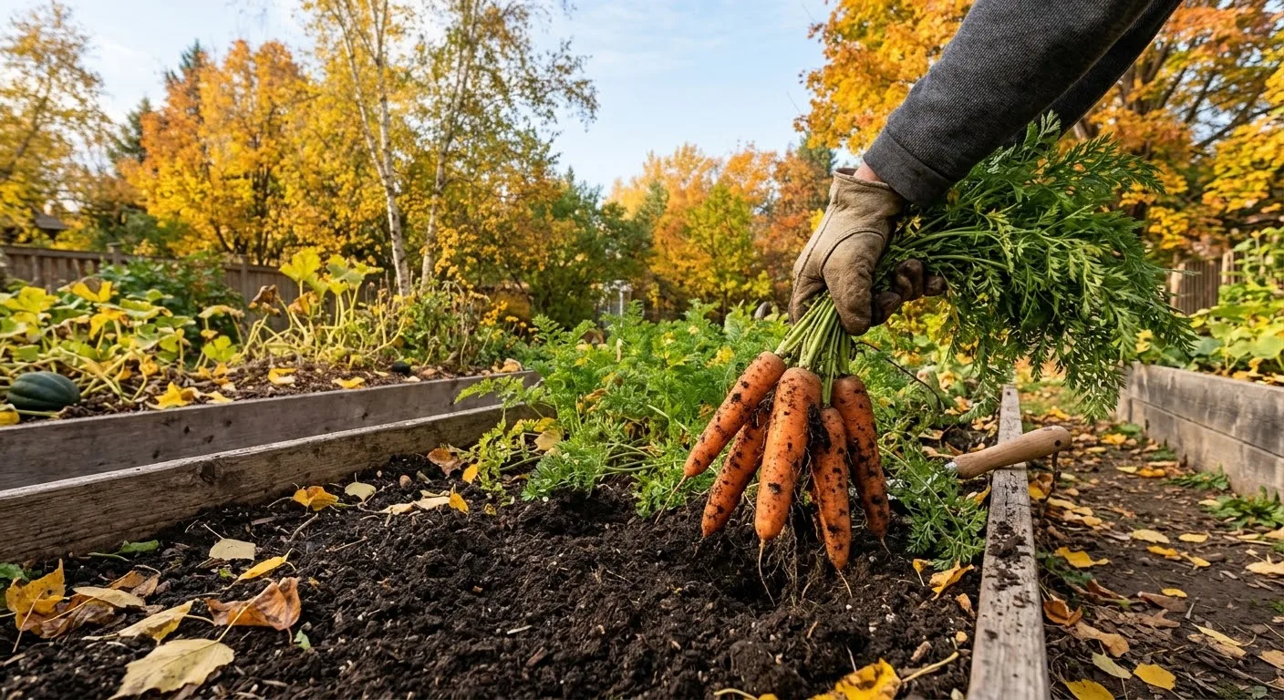 Gardener pulling a bunch of fresh carrots from a raised bed on a cool fall morning (AI-generated illustration)