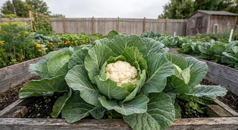 White cauliflower head among large green leaves in a garden bed (AI-generated illustration)