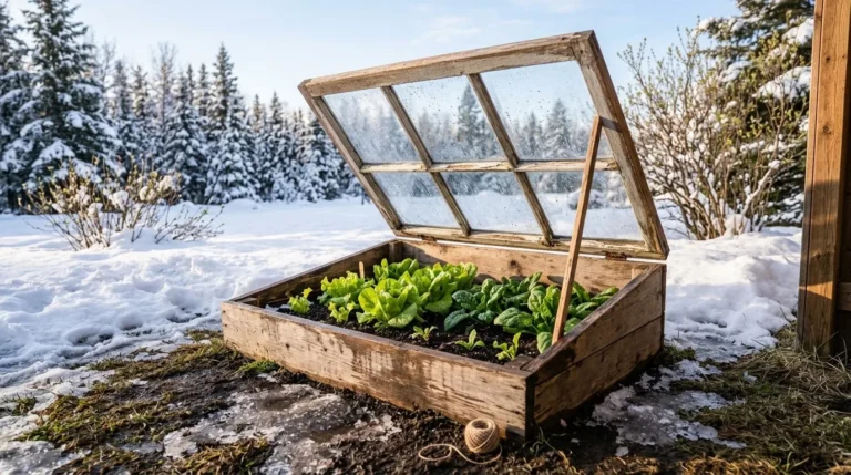 Wooden cold frame with an old window lid propped open over lettuce and spinach, surrounded by melting snow (AI-generated illustration)
