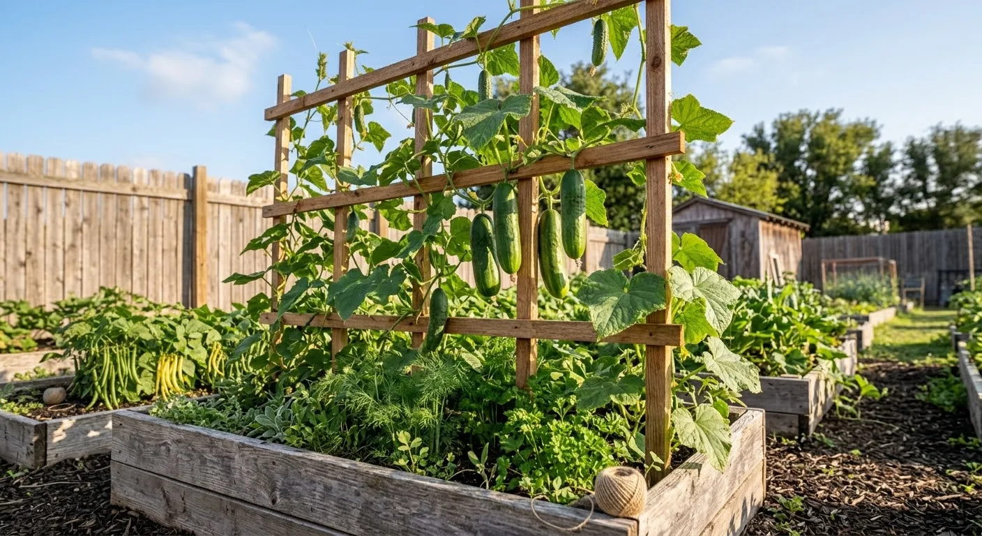 Cucumbers growing on a vertical wooden trellis in a backyard garden (AI-generated illustration)