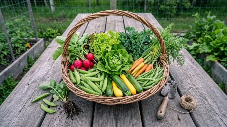 Basket of freshly harvested radishes, lettuce, peas, carrots, zucchini, kale and beans on a garden table (AI-generated illustration)
