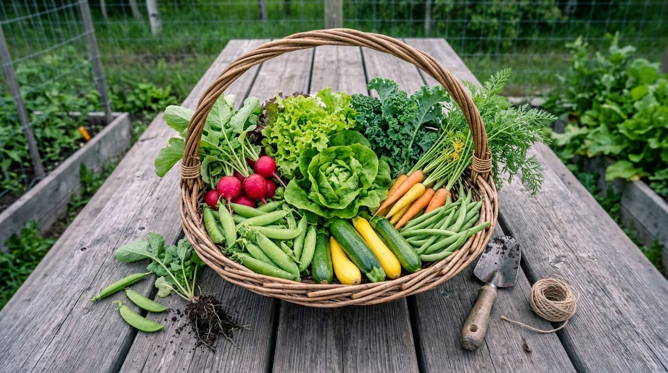 Basket of freshly harvested radishes, lettuce, peas, carrots, zucchini, kale and beans on a garden table (AI-generated illustration)