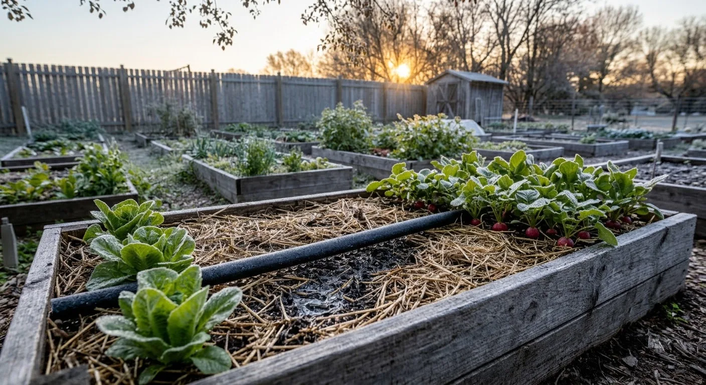 First autumn frost on a northern backyard vegetable garden at sunrise (AI-generated illustration)