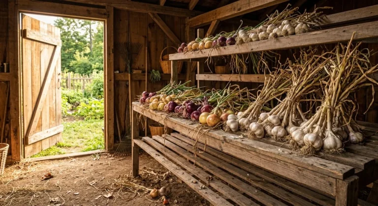 Bundles of freshly harvested garlic hanging to cure in a dry wooden shed (AI-generated illustration)