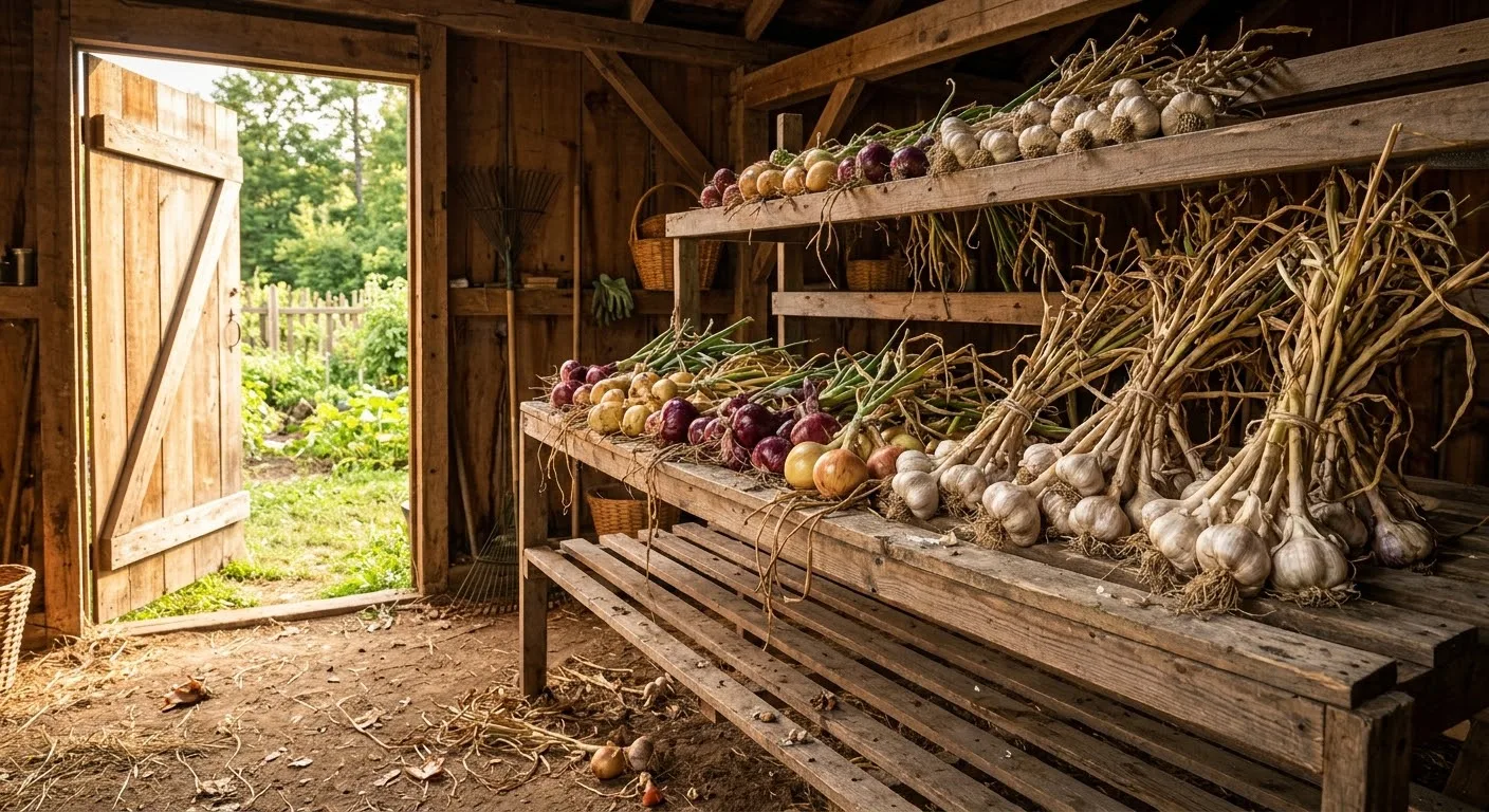 Bundles of freshly harvested garlic hanging to cure in a dry wooden shed (AI-generated illustration)