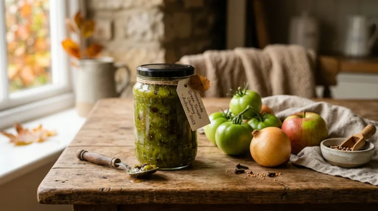 Jar of green tomato chutney with green tomatoes, apple and onion on a wooden table (AI-generated illustration)