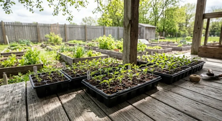 Trays of tomato and pepper seedlings hardening off on a shaded porch (AI-generated illustration)