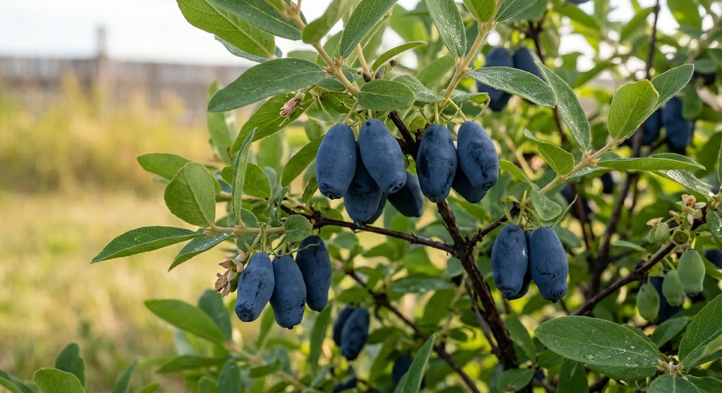 Ripe dark blue haskap berries on a green shrub (AI-generated illustration)