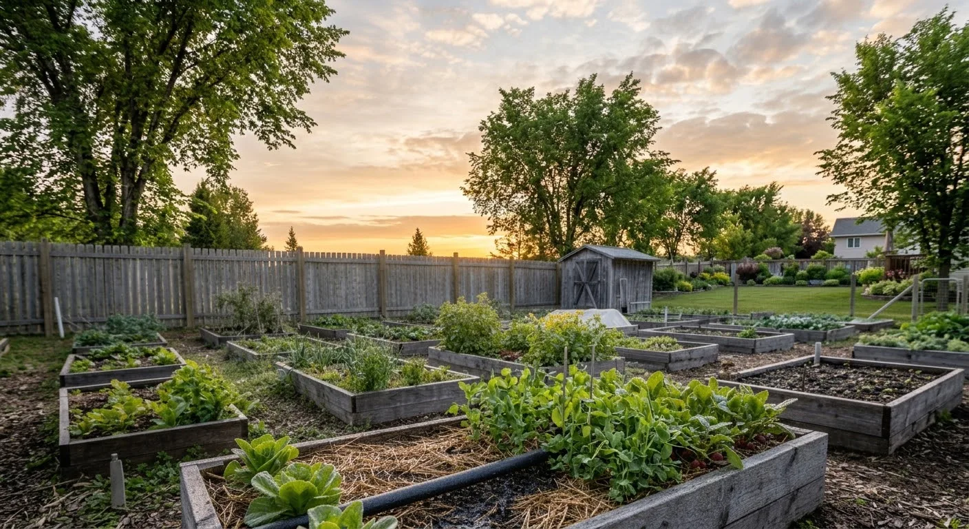 Suburban backyard vegetable garden with raised beds and tall elm trees in Manitoba (AI-generated illustration)