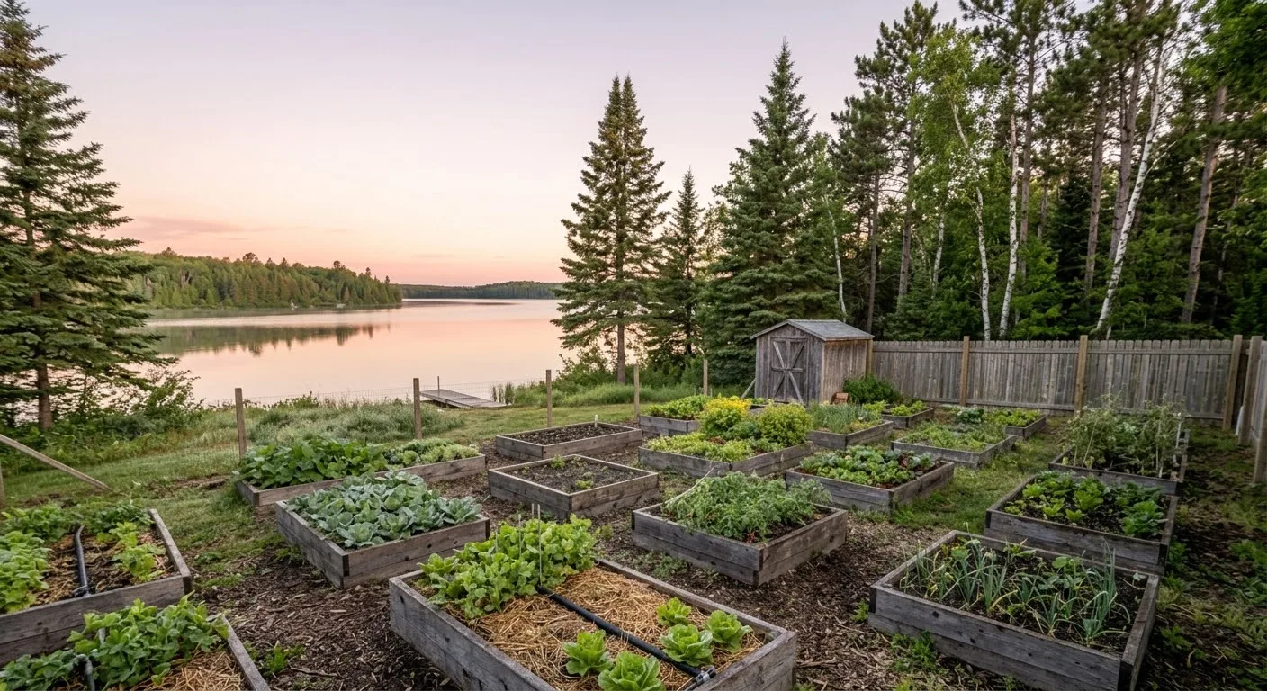 Lakeside backyard vegetable garden among pines and birches in northern Minnesota (AI-generated illustration)