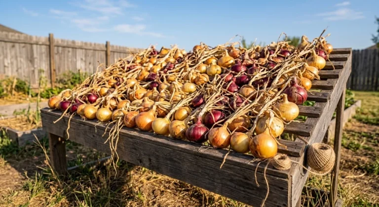 Yellow and red onions curing on a wooden rack in the sun (AI-generated illustration)