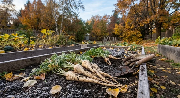 Freshly dug parsnips on frosty soil in a late autumn garden (AI-generated illustration)