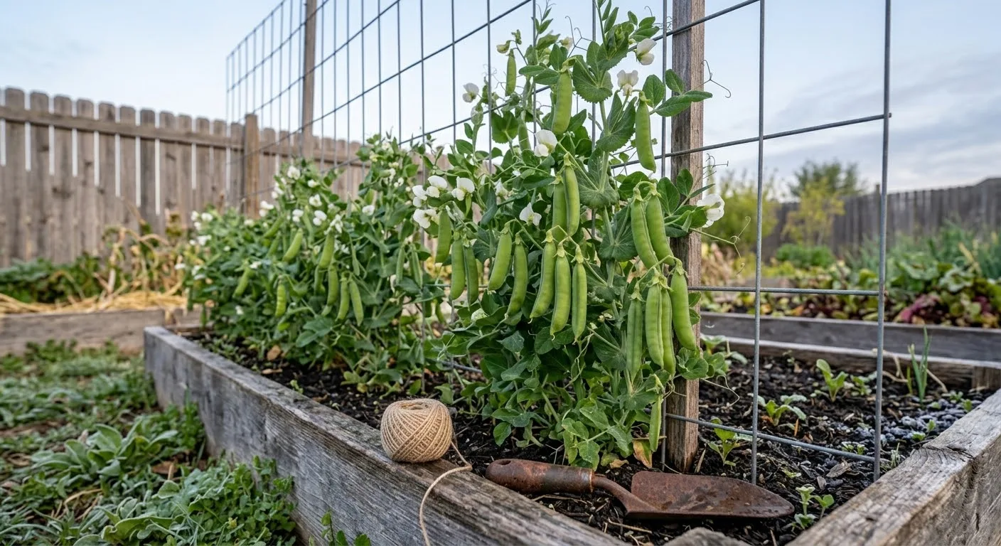 Pea plants with full pods climbing a wire trellis (AI-generated illustration)