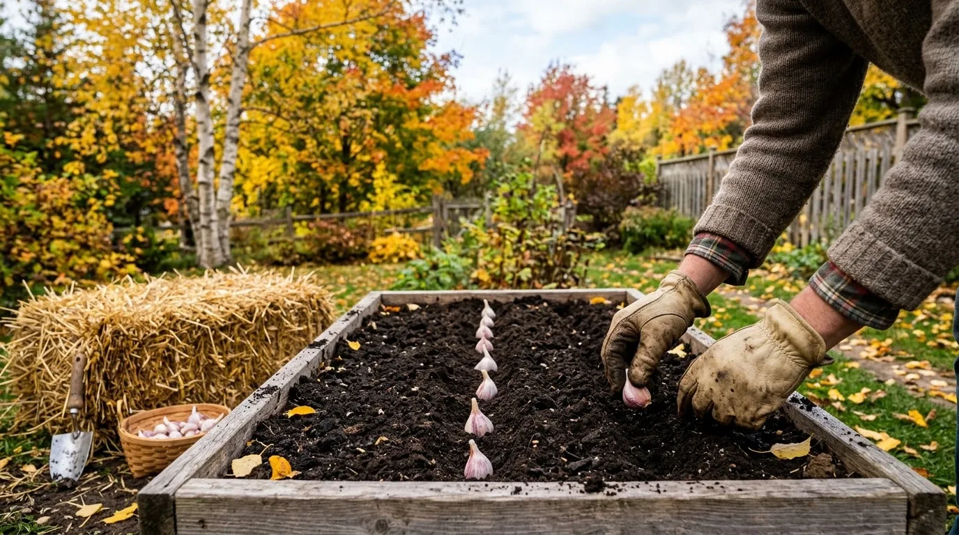 Gardener planting garlic cloves in a raised bed among fallen autumn leaves (AI-generated illustration)