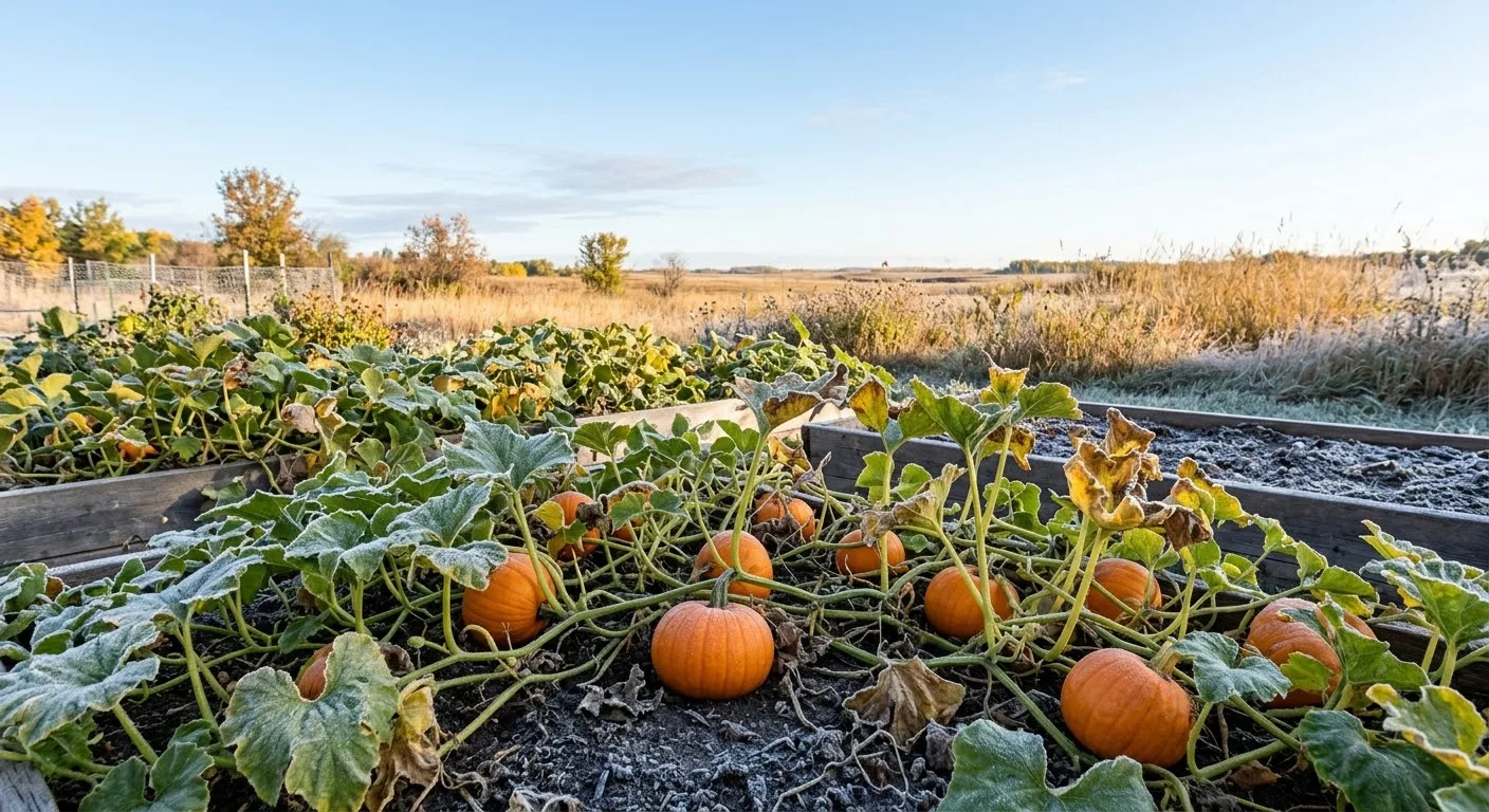 Small orange pumpkins on green vines in a prairie garden on a frosty fall morning (AI-generated illustration)
