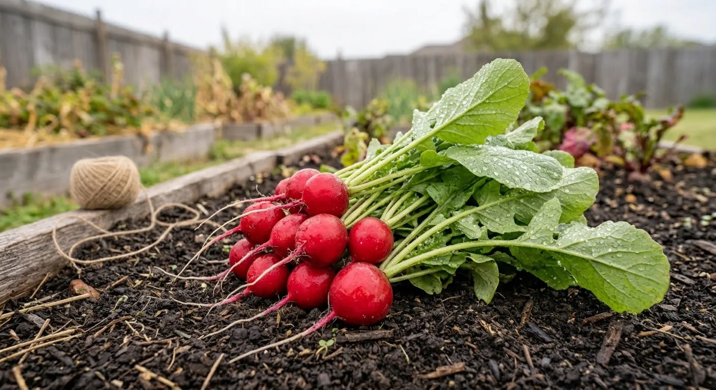 Bunch of red radishes freshly pulled from a spring garden bed (AI-generated illustration)