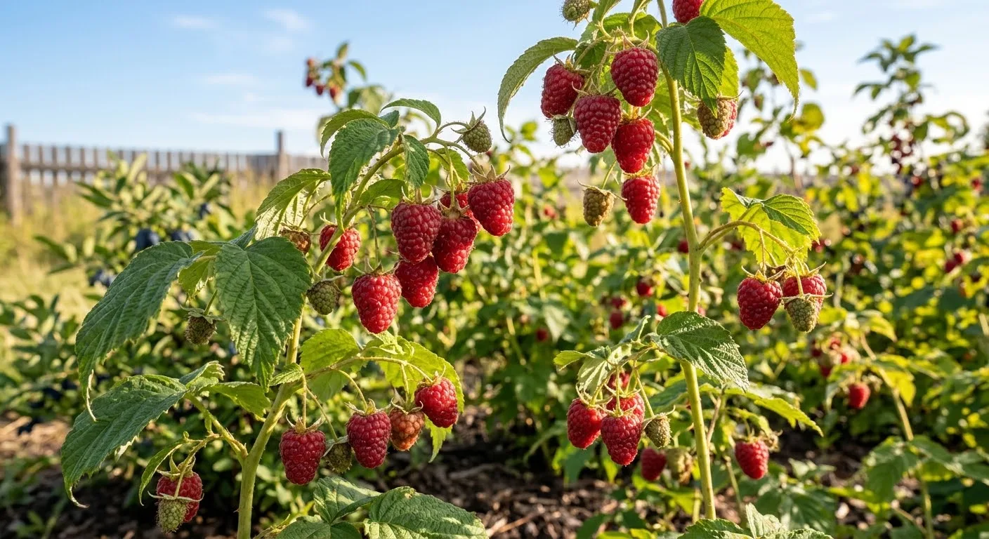 Ripe red raspberries on canes in a backyard berry patch (AI-generated illustration)