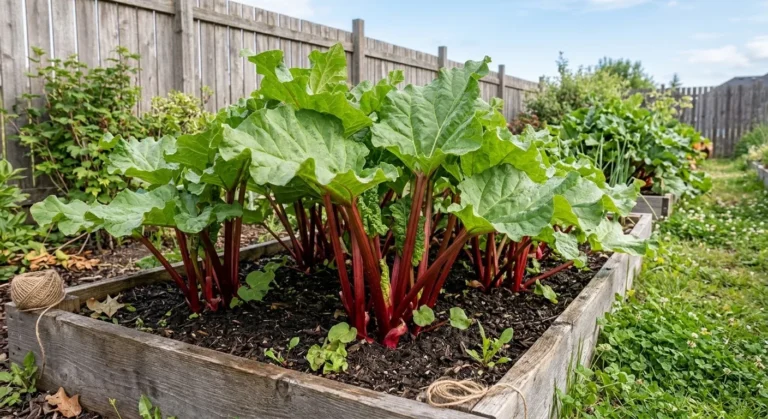 Red rhubarb stalks with large leaves in a backyard garden (AI-generated illustration)