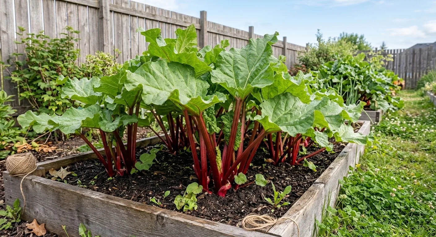 Red rhubarb stalks with large leaves in a backyard garden (AI-generated illustration)