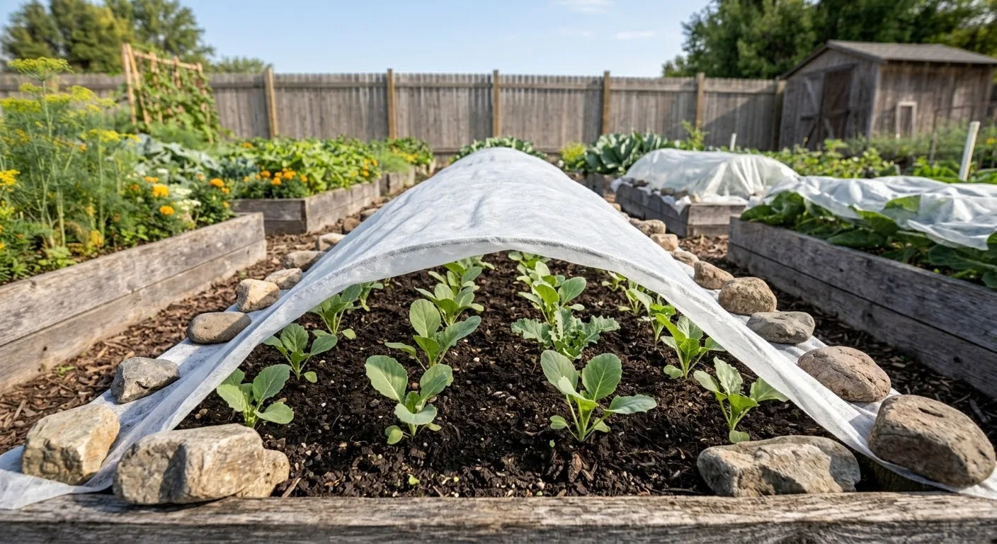 Lightweight row cover over young cabbage and kale seedlings in a raised bed (AI-generated illustration)