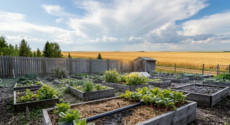 Farmhouse vegetable garden beside a golden wheat field under a prairie sky in Saskatchewan (AI-generated illustration)