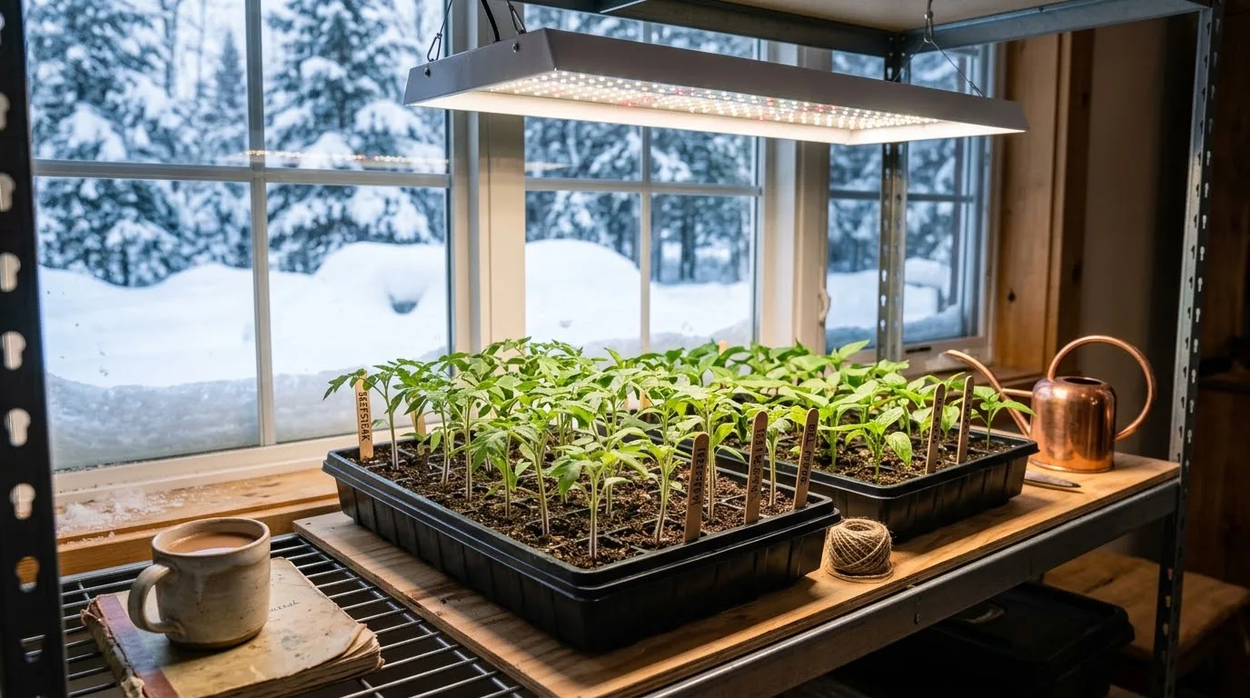 Tomato and pepper seedlings in trays under an LED grow light with snow outside the window (AI-generated illustration)