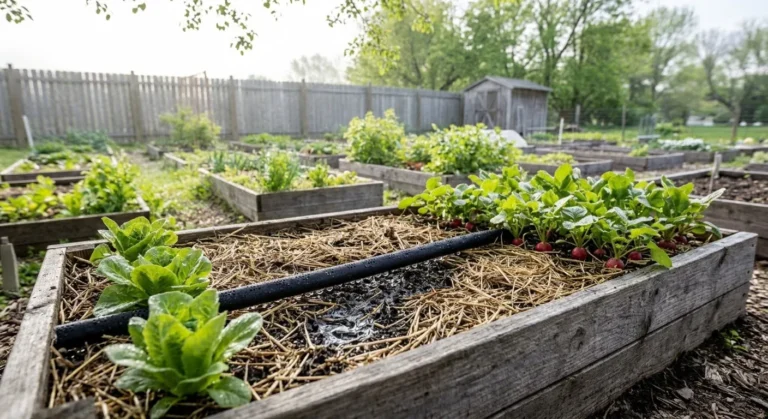 Soaker hose watering a straw-mulched vegetable bed in the early morning (AI-generated illustration)