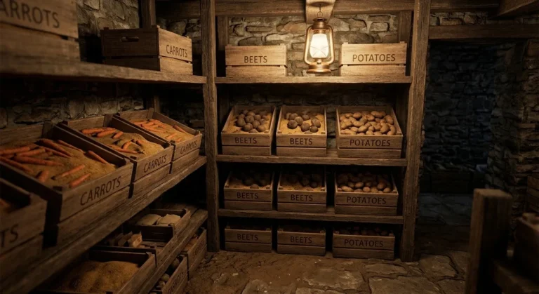 Wooden crates of carrots, beets and potatoes stored on shelves in a cool root cellar (AI-generated illustration)