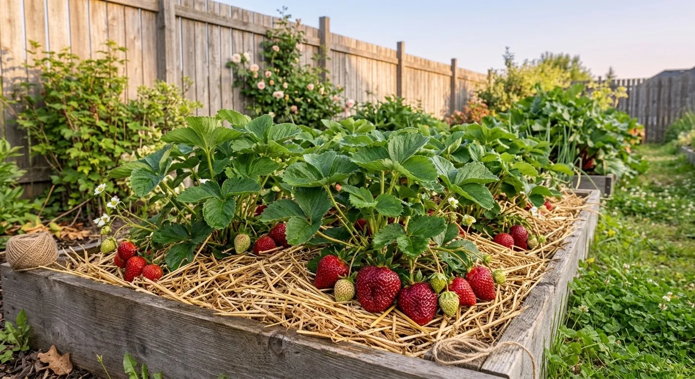 Strawberry plants with ripe berries in a straw-mulched bed (AI-generated illustration)