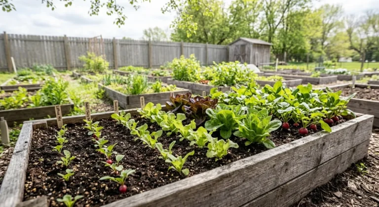 Raised bed with lettuce and radishes at different growth stages (AI-generated illustration)